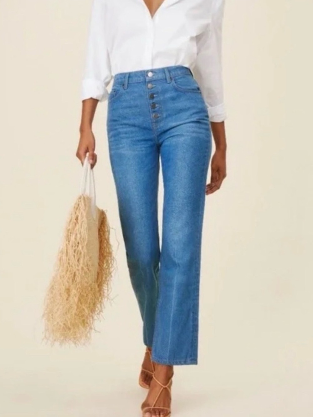 Reformation Mid-Blue High-Rise Button-Fly Jeans